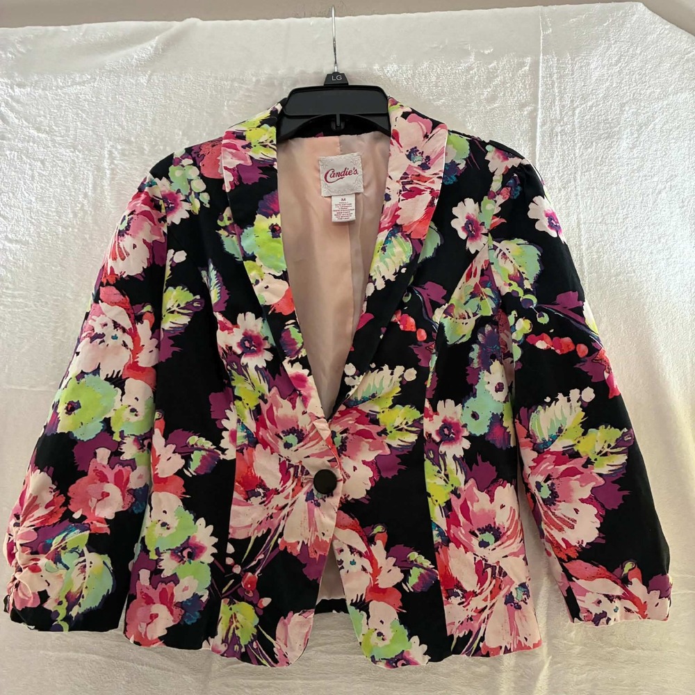 Candies Blazer Womens M Black Multicolor Floral Lined Single Button Jacket